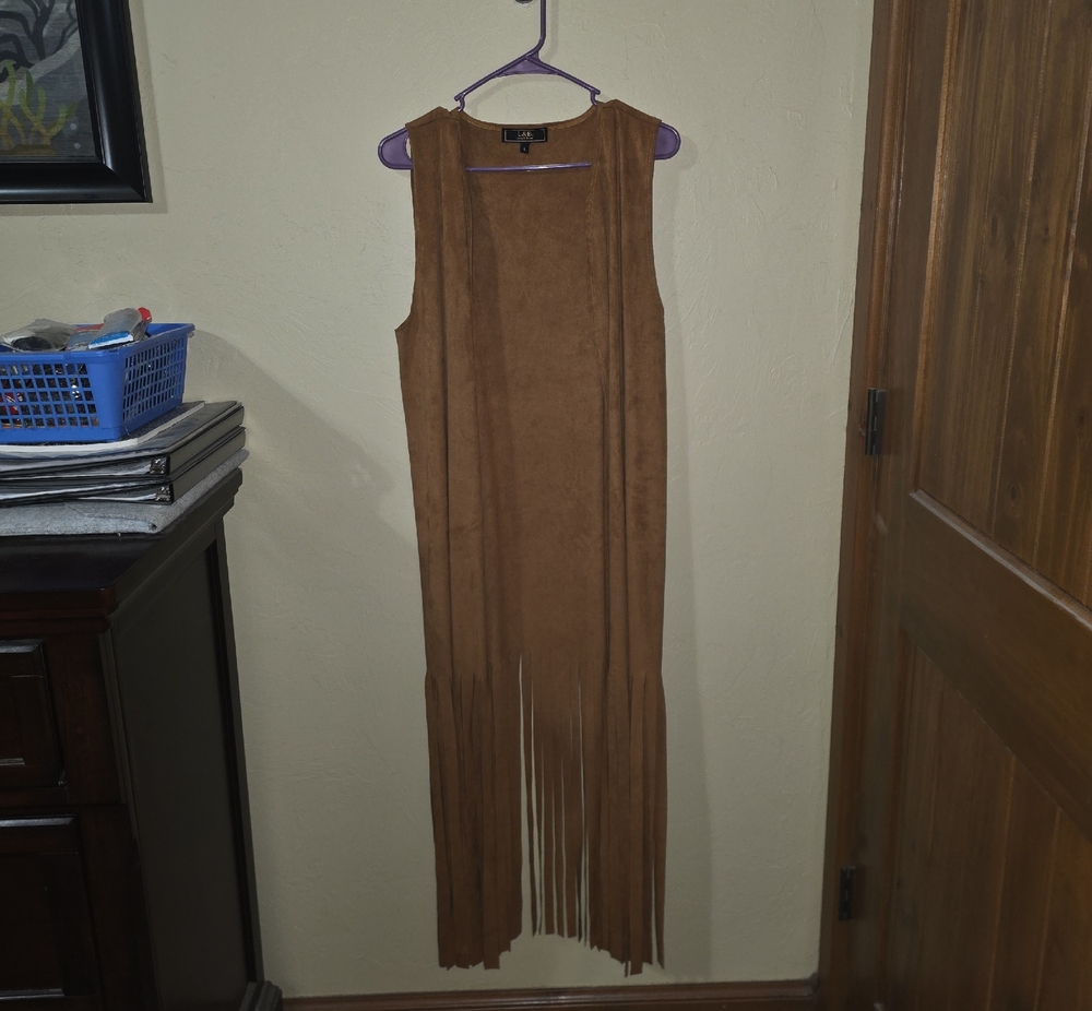 Lucky & Blessed Brown Suede Fringe Sleeveless Duster